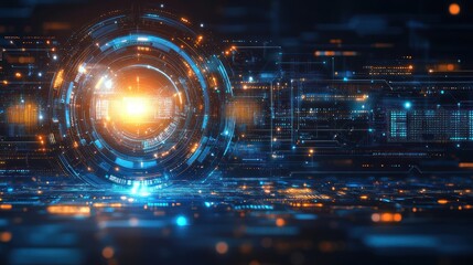 Fototapete - Abstract digital technology background with glowing circular interface and data streams.