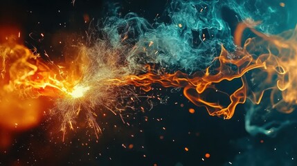 Poster - Abstract fiery and icy swirls clashing in dark background.