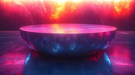 Poster - Futuristic Metallic Reflective Table Glowing in Neon Lit Environment
