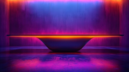 Poster - Futuristic Metallic Reflective Table in Neon Lit Studio for Product Concept Display