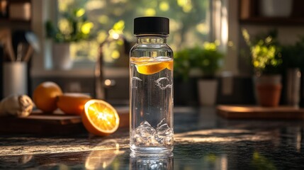 Aufkleber - A clear bottle filled with ice and citrus slices sits on a kitchen countertop. Bright sunlight filters through the window, highlighting fresh oranges nearby.