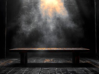 Wall Mural - dramatic spotlight illuminates polished wooden table in dark room for displaying products