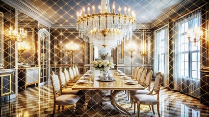 Poster - Elegant Dining Room Double Exposure: Crystal Chandeliers & Gold Accents Grid Background
