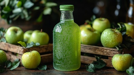 Aufkleber - A vibrant green apple drink sits in a clear glass bottle, surrounded by fresh, shiny green apples and leafy herbs, creating a rustic, appealing arrangement.