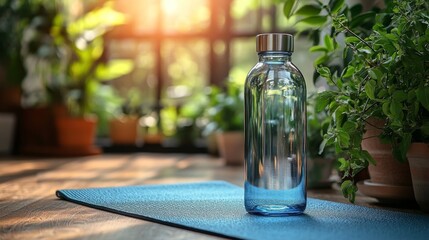 Aufkleber - A clear blue water bottle is placed on a yoga mat, illuminated by sunlight streaming through large windows. Green plants in pots surround the scene, enhancing the calm atmosphere.