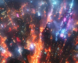 Poster - mesmerizing cyberpunk inspired cityscape with towering neon lit skyscrapers glowing holograms and a 