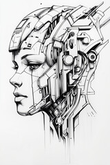 Poster - Cybernetic Vision: An artistic, monochromatic illustration of a woman, cyborg, featuring futuristic technology integrated into her portrait.