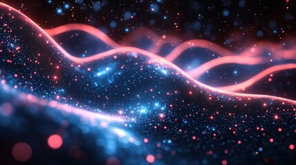 Poster - Abstract glowing particles form wavy lines, blue and red neon lights, dark background.