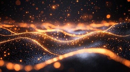Poster - Abstract glowing particles forming wavy lines and shapes on dark background.