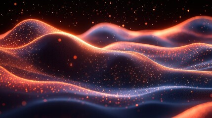 Poster - Abstract glowing particles forming wavy landscape.