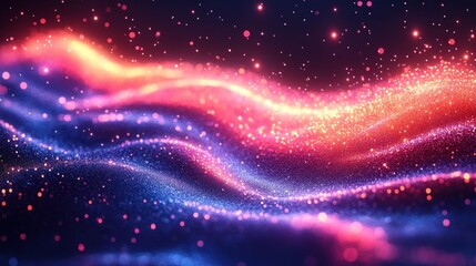 Poster - Abstract glowing particles wave, vibrant red, orange, blue, and pink colors, dark background.