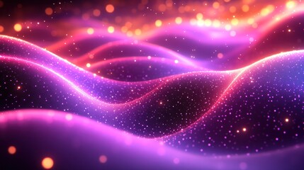 Poster - Abstract glowing pink and orange waves with sparkling particles.