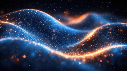 Aufkleber - Abstract glowing wave of blue and orange particles on dark background.