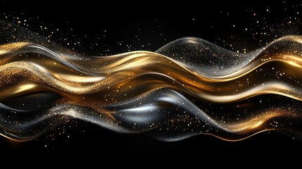 Poster - Abstract gold and black wavy fluid with glitter particles on black background.
