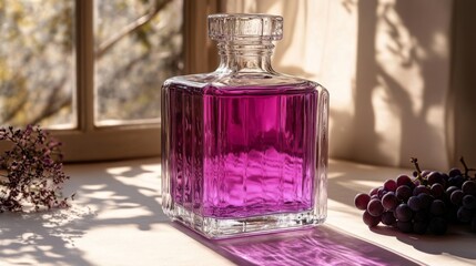 Poster - A clear glass bottle filled with vibrant purple liquid is positioned on a table by a window. Soft sunlight casts gentle shadows, enhancing the beauty of the scene with grapes and dried flowers nearby.