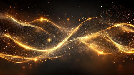 Poster - Abstract golden glowing particles forming a double helix wave on dark background.