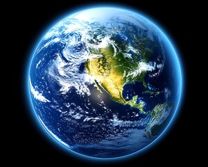 planet earth in space showing north america with a blue glow