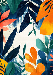 Poster - Tropical Foliage Composition: A vibrant display of painted tropical leaves bursts forth, featuring an array of bold colors and organic forms, creating a lively and artistic composition.