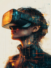 Poster - Digital Immersion: A profile view of a person is immersed in a virtual reality experience, highlighted by a sleek VR headset, emphasizing technology, innovation, and future.