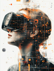 Poster - VR Goggles Fusion: A person in a futuristic virtual reality goggles with circuits overlaying the image, blending technology and human interaction, exploring the possibilities of digital realms.