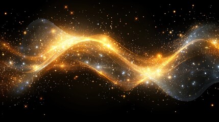 Poster - Abstract golden wave with sparkling particles on dark background.