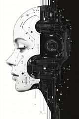 Poster - Human-Machine Hybrid: An artistic depiction of a human face blending seamlessly with intricate technological circuits, representing the intersection of humanity and artificial intelligence