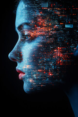 Poster - Digital Soul: A portrait of a woman whose face is interwoven with digital data, symbolizing the fusion of human consciousness and technology in a futuristic world.