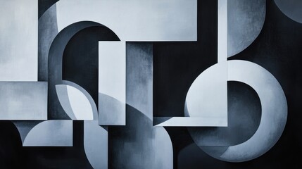 Poster - Abstract grayscale artwork featuring overlapping geometric shapes, circles, and rectangles creating a sense of depth and dimension.