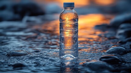 Poster - A clear water bottle stands upright in a shallow stream, surrounded by smooth stones. The warm glow of sunset reflects off the water's surface, creating a tranquil atmosphere.