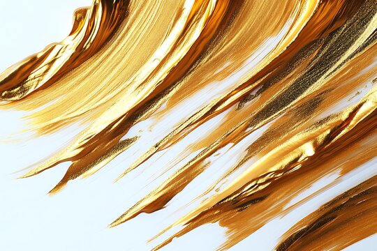 Abstract metallic gold paint streaks forming an artistic pattern on white.