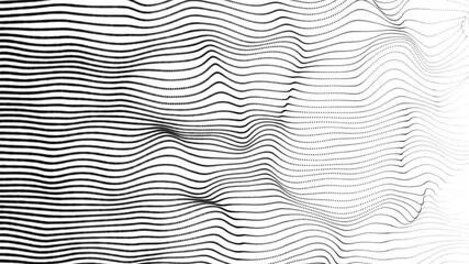 Poster - Abstract digital cyber wave made of black particles and dots moves with big data visualization. Futuristic soft flow background