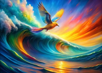 Poster - Colorful Abstract Waves with Gliding Bird - Digital Art Background