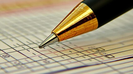 Poster - businessman closely analyzing sales schedule with focus on detailed data in office setting, close up