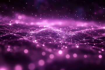 Poster - abstract pink glowing network waves with bokeh particles and light effects on dark background, futur