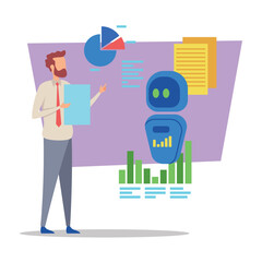 Poster - Businessman standing confidently holding document while presenting data visualizations and friendly robot displaying analytics
