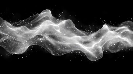 Poster - Abstract grayscale wave of light particles on black background.