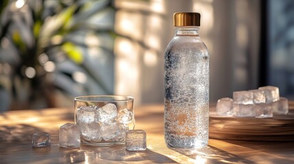 Aufkleber - A water bottle filled with clear water sits beside a glass bowl of ice cubes on a wooden table. Sunlight filters through a window, creating a warm atmosphere in a cozy room with plants.