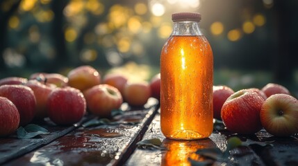 Aufkleber - A glass bottle filled with shimmering apple juice is set amid ripe apples on a wooden table. The warm glow of the setting sun enhances the serene autumn atmosphere.