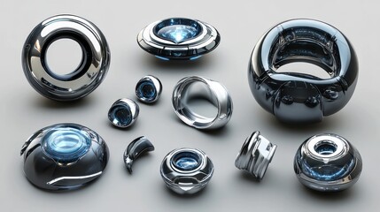 Aufkleber - Abstract metallic objects with glowing blue centers, arranged on a light gray background.