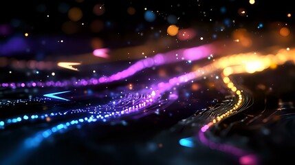 Poster - Vibrant light trails with bokeh effect creating abstract waves in blue, purple, and golden colors against dark background, glowing magical atmosphere.