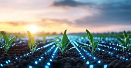 Poster - Rows of young crops thrive in an agricultural field illuminated by blue light technology. The sunset creates a vibrant backdrop, highlighting the innovative practices enhancing farming efficiency.