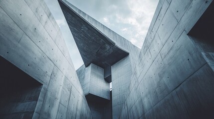 Poster - Abstract modern concrete architecture, geometric shapes, low angle view, sky.