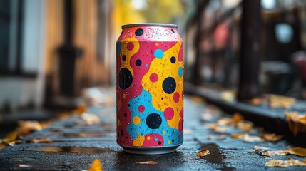 Poster - A vibrant beverage can featuring a colorful design sits on a wet pavement, surrounded by fallen autumn leaves. The setting is an urban street with blurred buildings in the background.