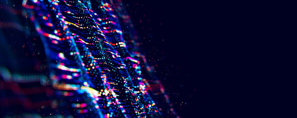 Poster - Abstract Big data digital stream waves. Information flow concept. LLM learning process, AI technology. Quantum computing. 3d render illustration