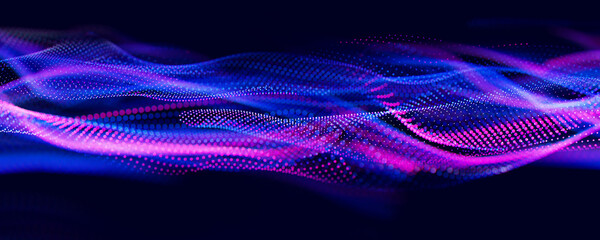 Poster - Abstract wave of particles. Big data digital flow concept. LLM learning process, AI technology. Quantum computing. 3d render illustration