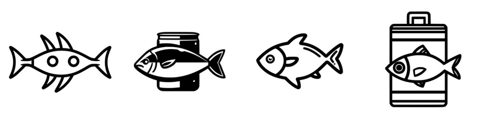 Poster - Illustration of different fish designs including a can and a battery, representing various themes and styles