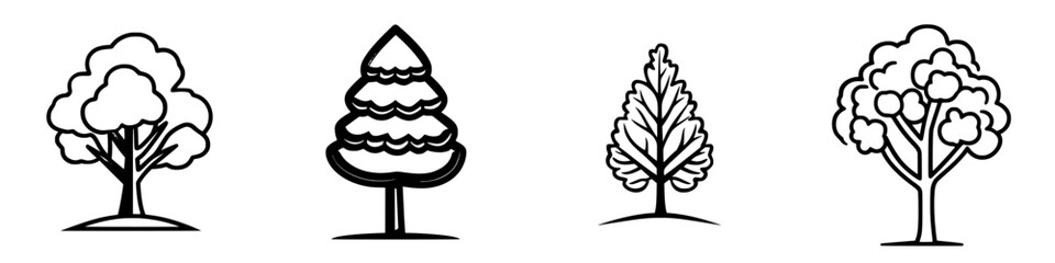 Poster - Different types of trees depicted in simple line art style showcasing their unique shapes and forms in a natural setting