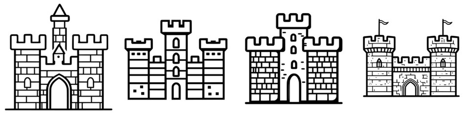 Poster - Detailed line drawings of different types of castles showcasing various architectural styles from medieval times