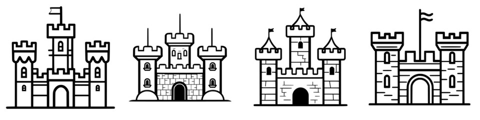 Poster - Variety of castle designs showcased in a simple black and white style with various turret and wall structures