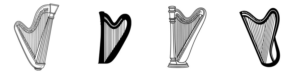 Poster - Multiple illustrations of various harp designs showcasing unique features from different angles and styles of craftsmanship